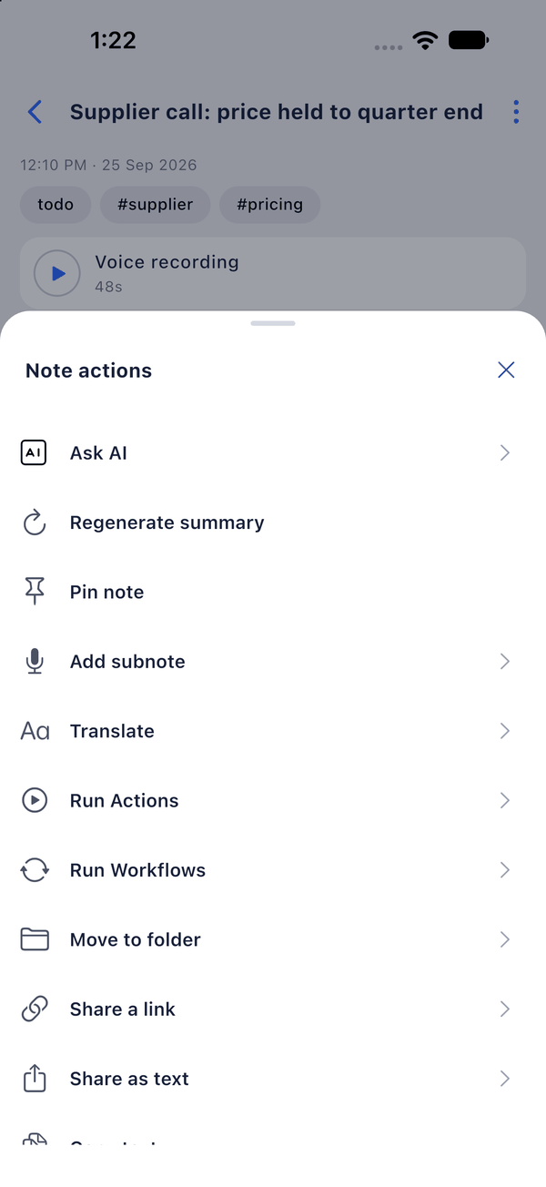 The Note actions sheet on a single LetsVoice note, with Ask AI at the top.