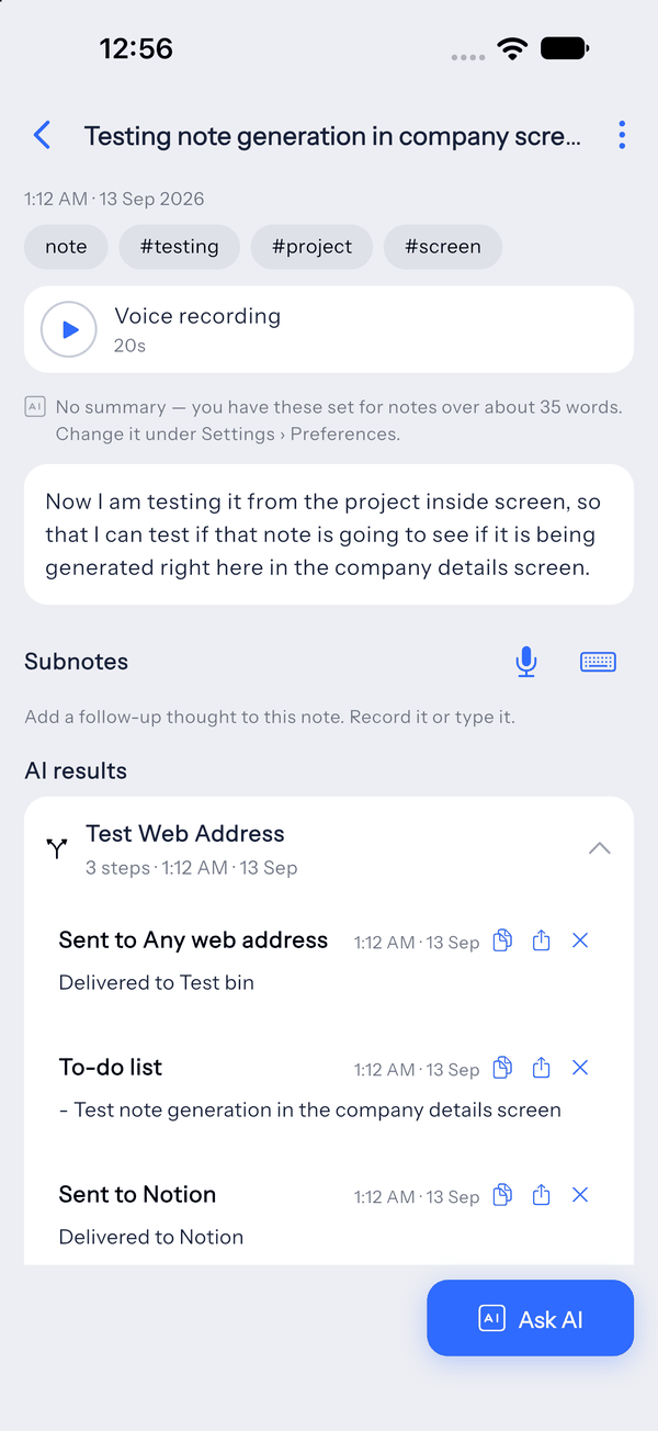 LetsVoice AI results on a note: a to-do list, and the same note delivered to a web address and to Notion.