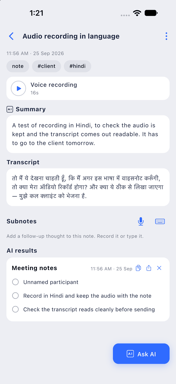 A Hindi voice note in LetsVoice with the summary, the transcript and the AI meeting notes below it.